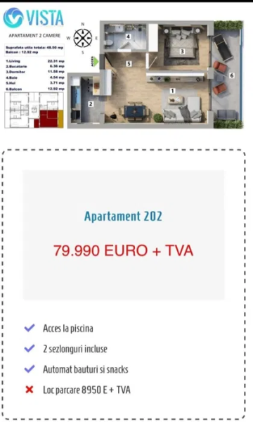 Apartament 2 camere, 62 mp utili, piscină și parcare – Mamaia Nord